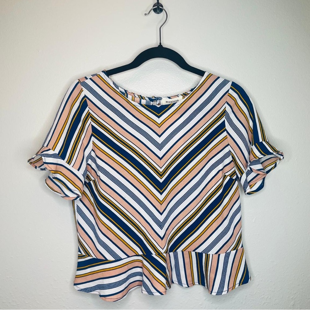 Monteau Chevron Striped Blouse - Pink, Blue, Yellow